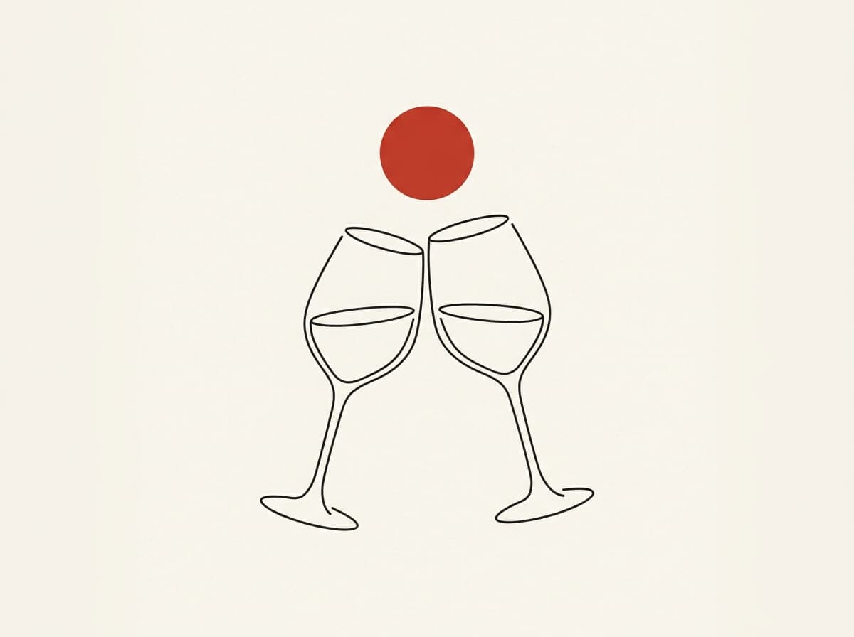 Line-art of two wine glasses toasting beneath a vermilion sun