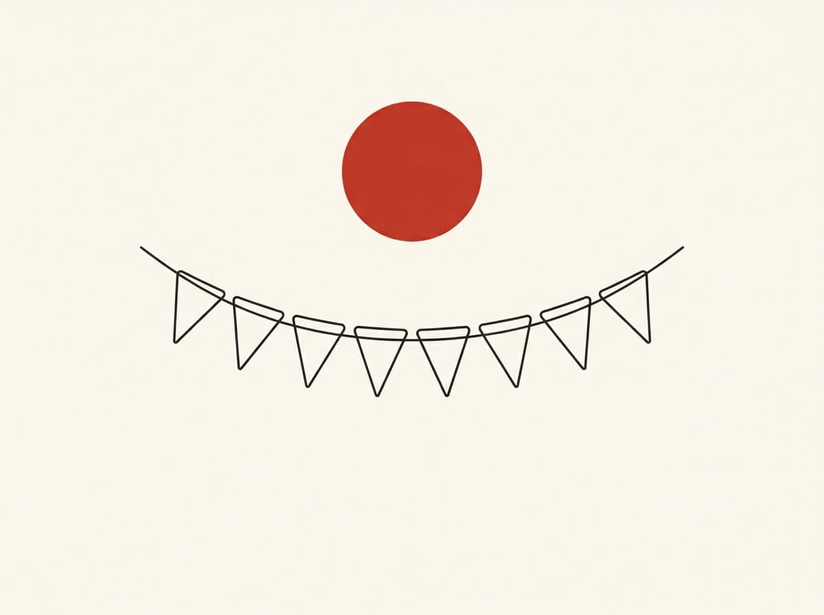 Line-art of festival pennant bunting beneath a vermilion sun