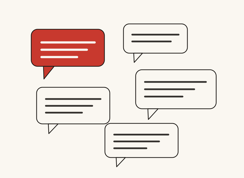 Line illustration of overlapping speech bubbles, one in vermilion