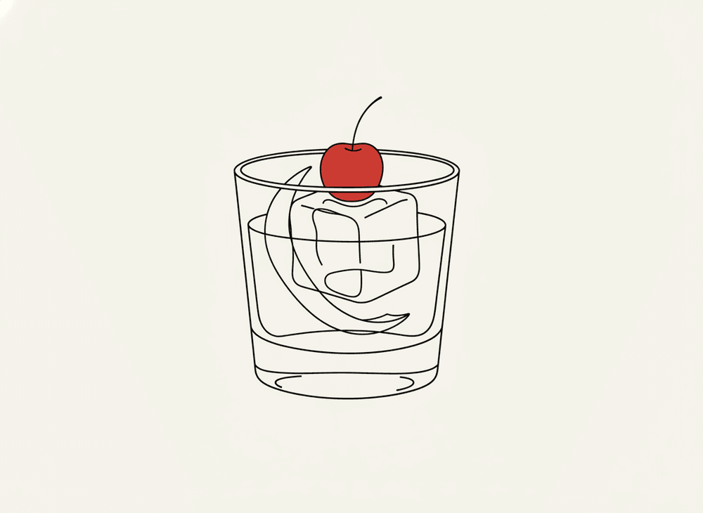 Line illustration of an old-fashioned cocktail in a rocks glass with an orange peel and a cherry
