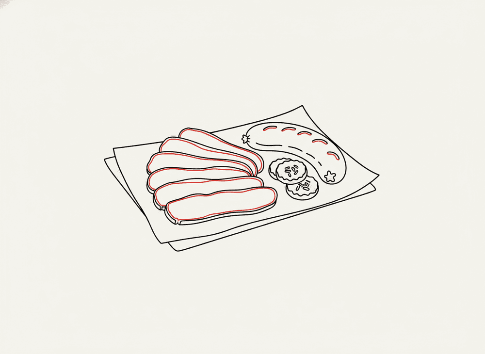 Line illustration of sliced brisket on butcher paper with a sausage link and pickles