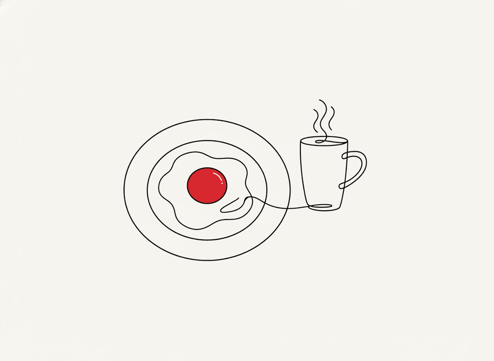 Line illustration of a fried egg and a coffee cup