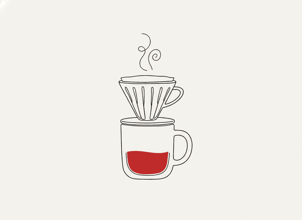 Line illustration of a pour-over dripper over a coffee cup with rising steam