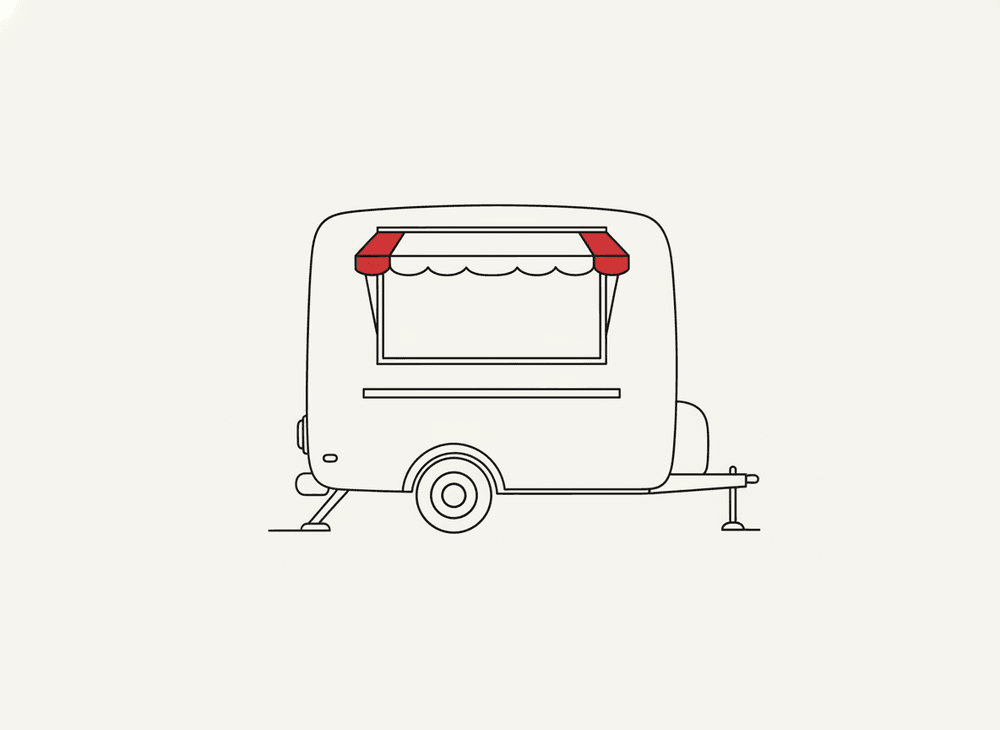 Line illustration of a food truck trailer with an awning and a service window