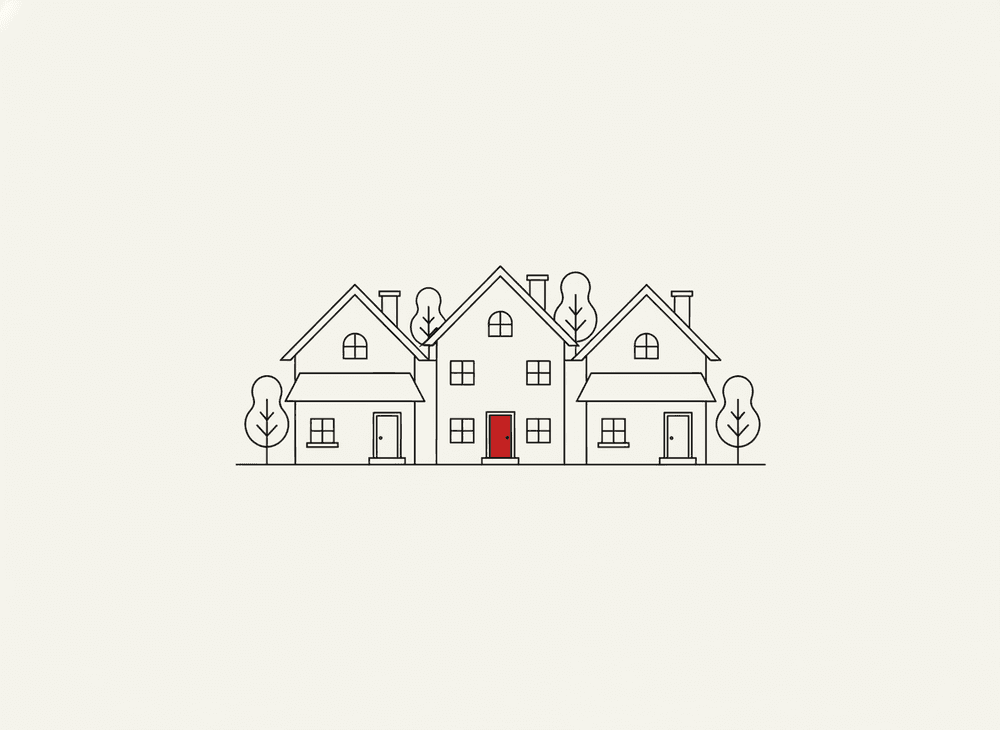 Line illustration of a small row of houses with one vermilion door
