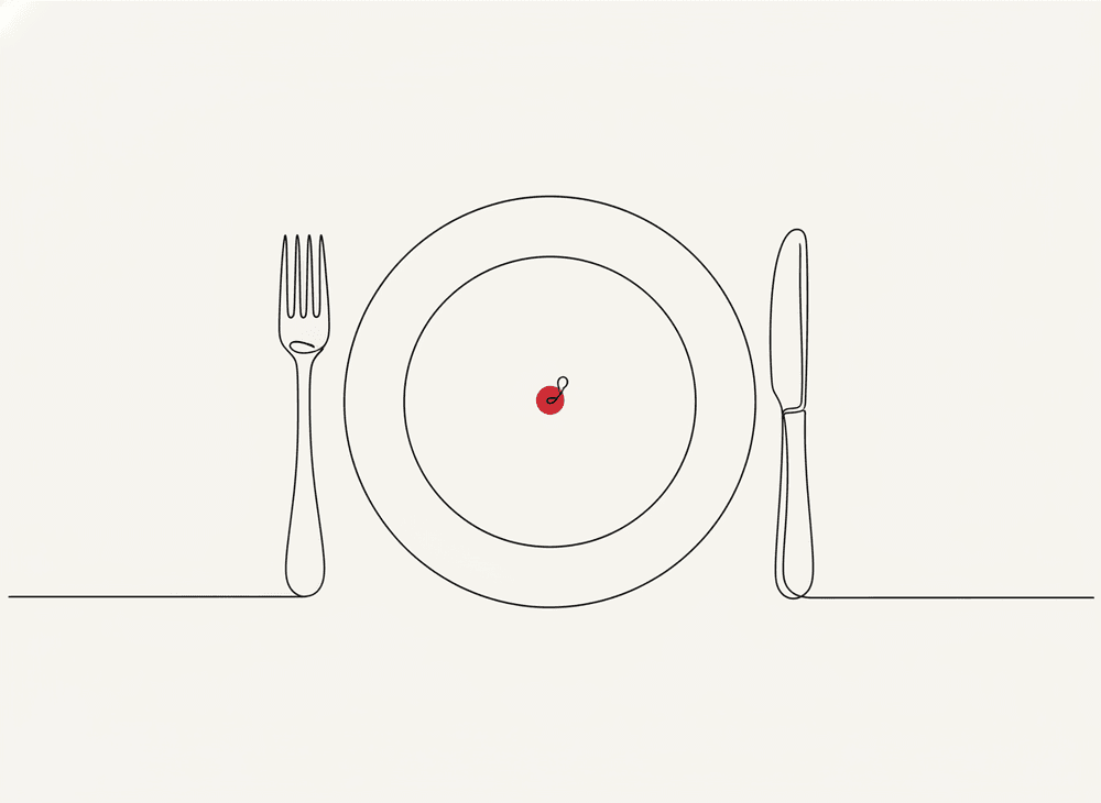 Line illustration of a dinner plate with a fork and knife