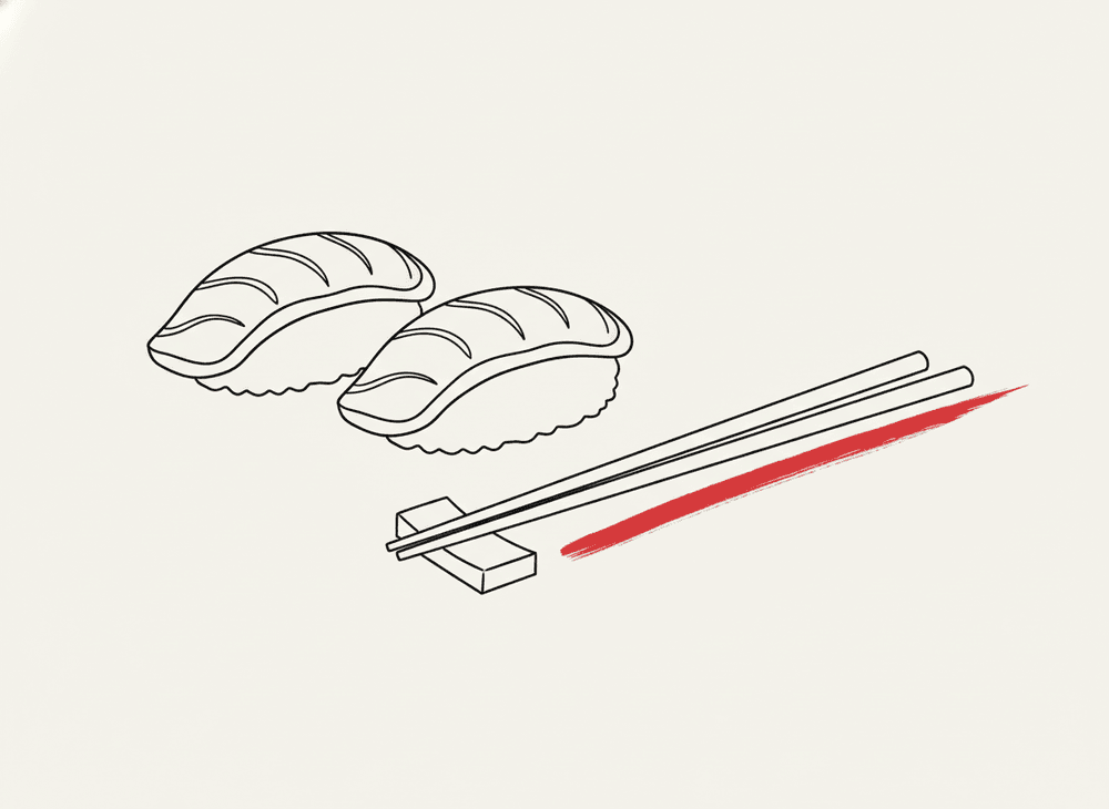 Line illustration of two pieces of nigiri sushi beside chopsticks
