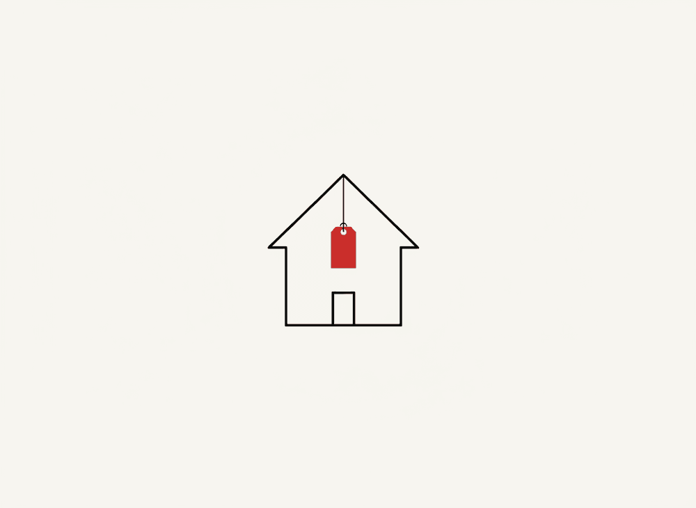Line illustration of a house with a hanging price tag