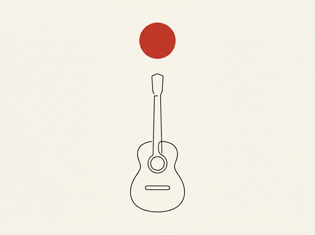 Line-art of an acoustic guitar beneath a vermilion sun