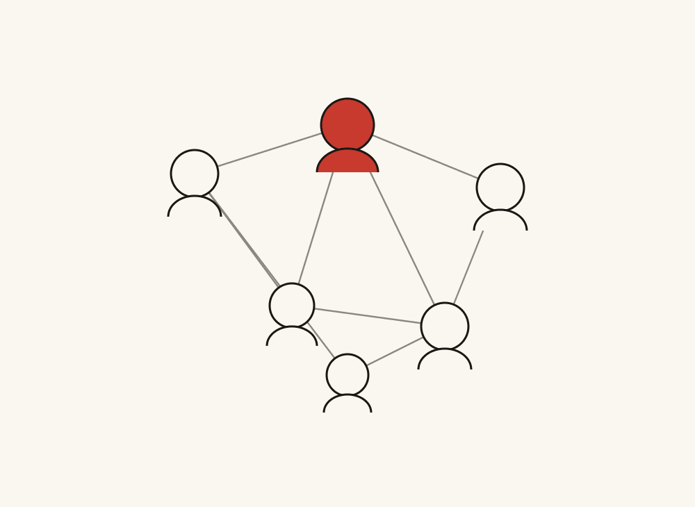 Line illustration of six people connected in a network, one in vermilion