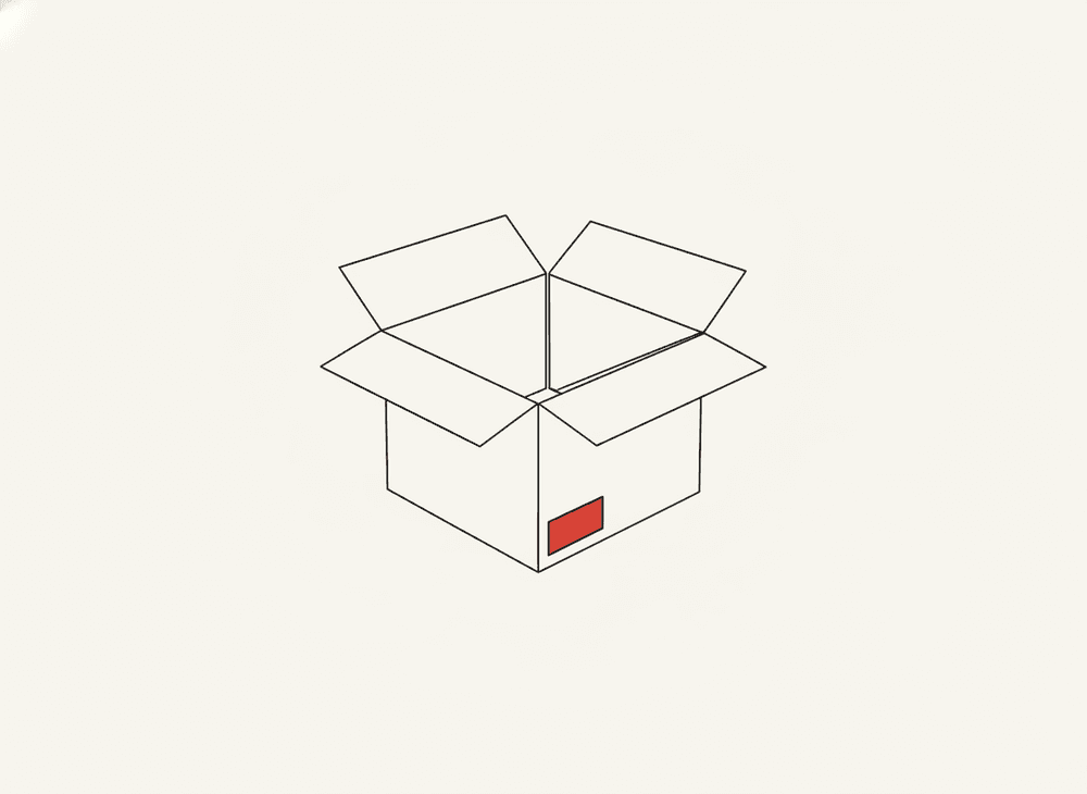 Line illustration of an open cardboard moving box with a small vermilion shipping label