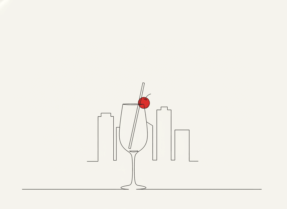 Line illustration of a cocktail glass against a city skyline