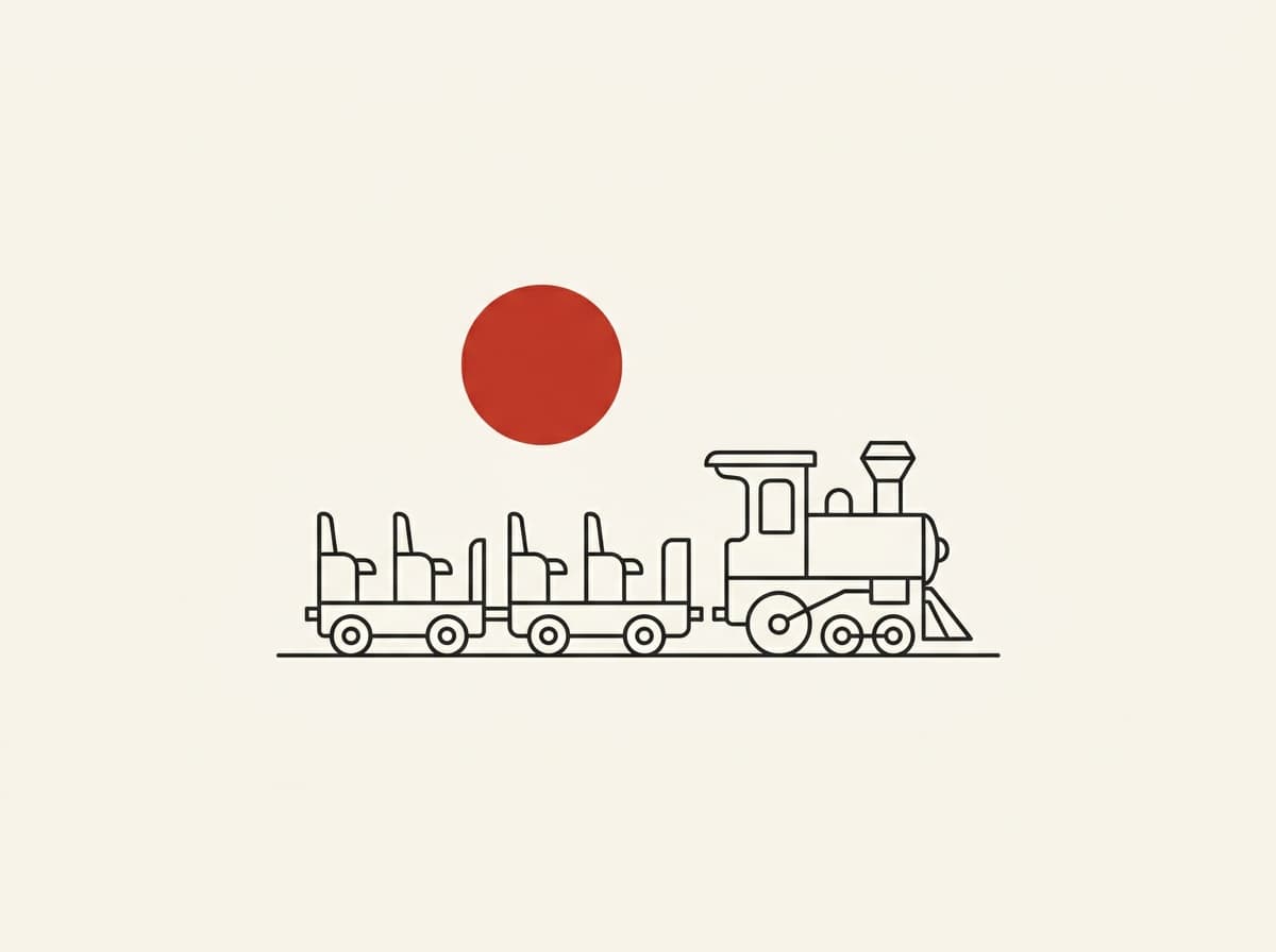 Line-art of a small park train beneath a vermilion sun
